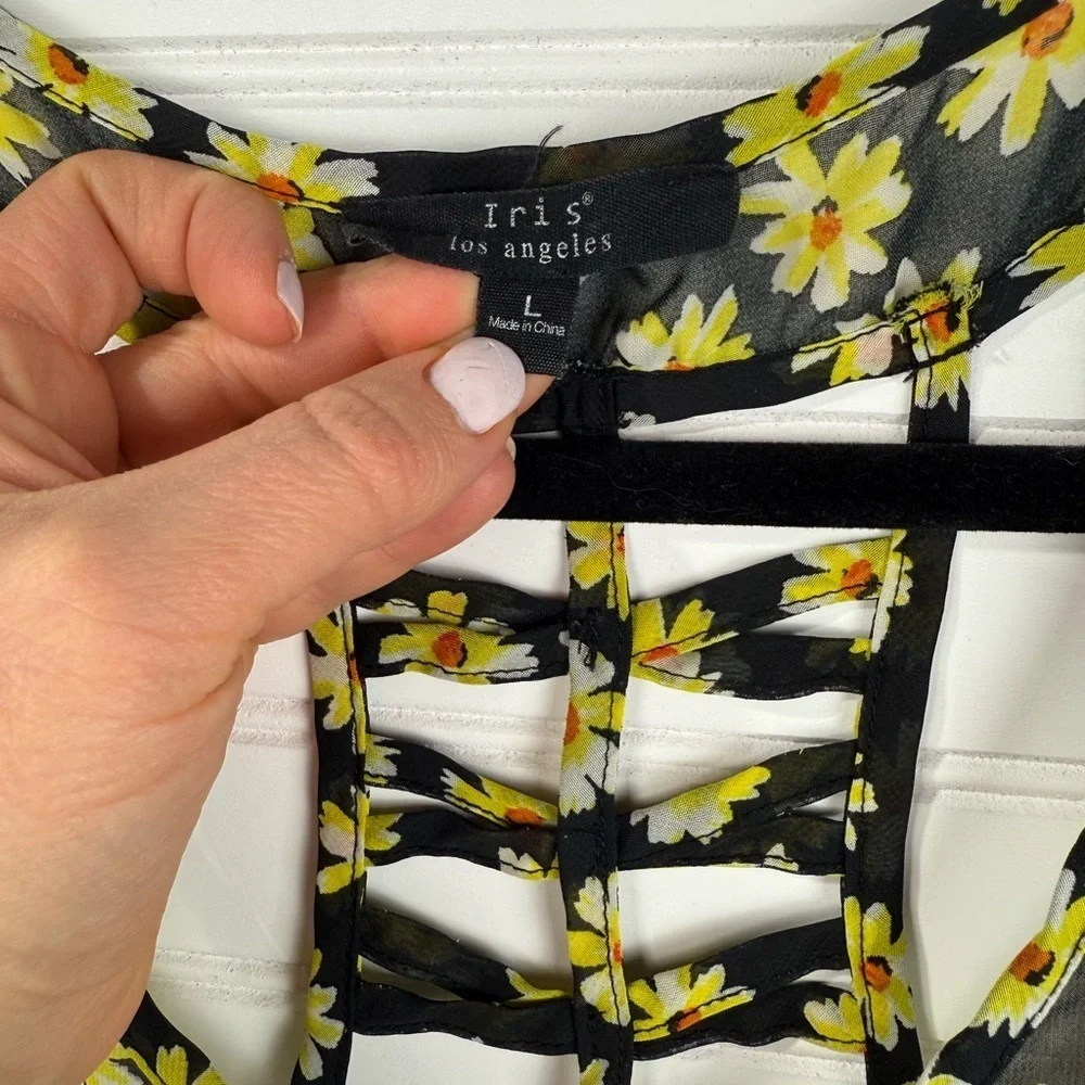 Iris women’s sheer black & yellow floral tank, decorative strap back. Size Large - Picture 3 of 6